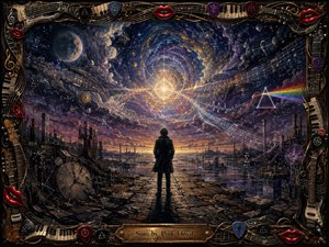 A solitary figure stands on a fractured stone path beneath a vast cosmic vortex where musical staves, equations, prisms, and glowing symbols converge. Deep indigo, violet, charcoal, and gold create a mysterious, contemplative mood. Dramatic light illuminates ruins, reflective water, and an ornate instrument-filled frame with glossy red lips.