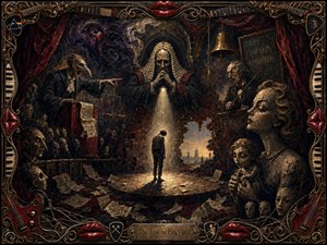A lone figure stands beneath a harsh spotlight in a surreal, ruined courtroom, surrounded by grotesque judges, accusing figures, masks, puppets, and crumbling walls. Deep crimson, black, sepia, and gold tones intensify the oppressive mood. Rich painterly textures and dramatic shadows are framed by intricate musical ornaments and glossy red lips.