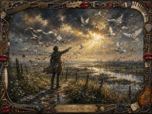 A lone figure stands on a windswept riverside path, reaching toward white birds and scattered memories swirling beneath storm-dark clouds. Golden sunlight breaks across wetlands and a distant industrial skyline, creating a mournful yet hopeful atmosphere. Rich oil textures, earthy blues, glowing amber tones, and an ornate musical frame heighten the drama.