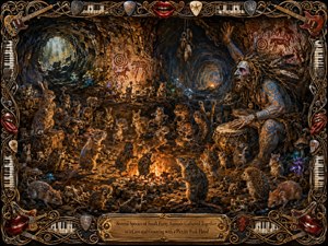 A swarm of mice, rabbits, and other small furry creatures gathers around a glowing cave fire while a blue-painted Pict drums and chants beside ancient wall symbols. Warm amber light and cool blue shadows shape a richly textured, hand-painted scene, enclosed by an ornate musical frame of strings, keys, instruments, and red lips.