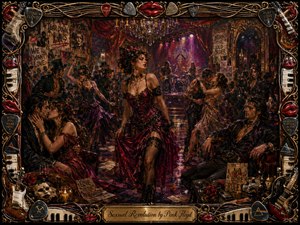 A richly painted Victorian cabaret pulses with sensual rebellion as a commanding woman strides through dancers, lovers, musicians, and masked revelers. Crimson, burgundy, gold, and violet glow beneath chandeliers and stage lights, while scattered roses, posters, sheet music, and theatrical masks deepen the decadent, revolutionary mood.