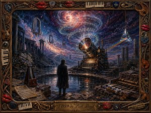 A solitary figure stands amid flooded ancient ruins, facing a glowing steampunk music machine beneath a swirling cosmic sky. Deep blues, violets, amber, and crimson reflections create a mysterious, dreamlike mood. Spiraling musical notes, floating doorways, a prism rainbow, broken piano keys, clocks, and an ornate instrument-filled frame enrich the handcrafted painted scene.
