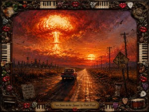 A lone car travels toward a fiery horizon beneath two blazing suns, one transformed into a towering nuclear mushroom cloud. Rich oranges, crimson, charcoal, and gold illuminate a desolate road, ruined skyline, birds, hourglass, and warning signs. Thick painterly textures and an ornate musical frame heighten the haunting apocalyptic mood.