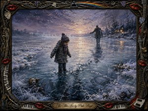 A solitary child stands cautiously on a cracked frozen lake at twilight while a distant adult reaches toward them through the cold haze. Icy blues, violet-gray skies, warm cabin light, and reflective fractures create a haunting mood. Richly textured painting and an ornate music-themed frame reinforce fragility, danger, memory, and emotional distance.