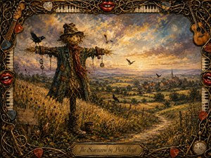 A weathered scarecrow stands amid golden wildflowers, overlooking rolling fields and a distant village beneath a dramatic sunset sky. Warm ochres, muted greens, and violet clouds create a wistful, dreamlike mood. Richly textured brushwork, circling crows, a winding path, and an ornate musical frame complete the handcrafted composition.