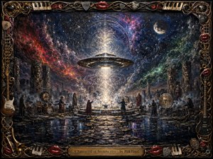 A glowing saucer hovers above a ruined ceremonial stage, bathing robed figures, instruments, and reflective pools in radiant white light. Cosmic storms of blue, violet, red, and green swirl overhead, creating an ominous, transcendent mood. Thick painterly textures and an ornate musical frame complete the surreal composition.