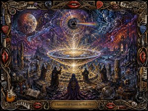 A radiant cosmic saucer glows above an ancient ritual circle, surrounded by hooded figures, ruined towers, celestial machinery, and swirling planets. Deep blues, violets, crimson, and gold create a mysterious, ceremonial mood. Dramatic light, dense painterly textures, symbolic geometry, and an ornate music-themed frame give the scene a lavish psychedelic grandeur.