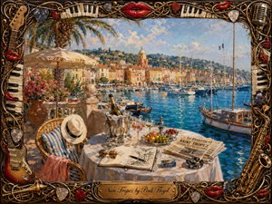 A sunlit Saint-Tropez terrace overlooks a sparkling turquoise harbor filled with sailboats, pastel waterfront buildings, and distant green hills. Warm golden light illuminates champagne, fruit, sunglasses, and a sketchbook on the table. Rich impressionistic brushwork and an ornate musical frame create a luxurious, playful, dreamlike Mediterranean mood.