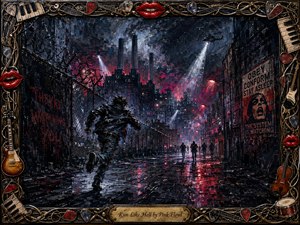 A lone figure races through a rain-soaked dystopian alley beneath sweeping searchlights and crimson skies. Wet pavement reflects red, white, and midnight-blue light, while factories, pursuers, barbed wire, and propaganda posters intensify the paranoia. Expressive impasto textures and an ornate musical frame create a dramatic, handcrafted finish.