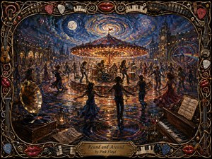 A glowing carousel stage anchors a moonlit carnival plaza, where musicians perform as dancers whirl through shimmering reflections. Deep blues, violet shadows, crimson accents, and golden lights create a hypnotic, celebratory mood. Rich oil-paint textures, swirling skies, vintage instruments, and an ornate musical frame reinforce the circular rhythm.