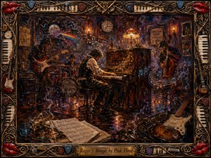 A spirited pianist leads a smoky late-night jam inside an intimate vintage club, surrounded by guitar, drums, and upright bass. Warm amber and crimson light cuts through indigo shadows, while luminous musical notes swirl across rippling floors. Thick impasto textures and an ornate instrument-and-lips frame create a richly handcrafted, surreal atmosphere.