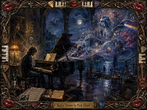 A solitary pianist plays beneath warm lamplight in a shadowed room opening onto a moonlit sea. Swirling musical ribbons, stars, clocks, figures, and prism imagery drift through deep blues, violets, and golds. Rich oil-paint textures, reflective surfaces, and an ornate instrument-filled frame create a haunting, dreamlike atmosphere.