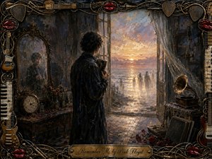A solitary figure stands in a shadowed, timeworn room, clutching a photograph while gazing toward a luminous seaside sunset and ghostly figures in the surf. Muted blues, smoky violet, gold, and crimson create a wistful mood, enriched by textured brushwork, a cracked mirror, antique gramophone, scattered roses, and an ornate musical frame.