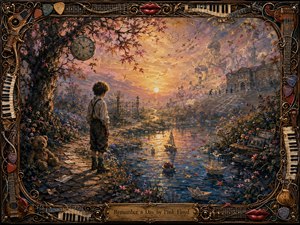 A solitary child stands beside a reflective stream at sunset, surrounded by paper boats, wildflowers, a teddy bear, and fading schoolyard memories. Warm gold, rose, lavender, and deep blue tones create a nostalgic, dreamlike mood. Painterly textures, floating clocks, distant birds, and an ornate musical frame enrich the scene.