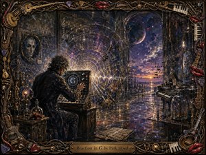 A lone musician-scientist operates a glowing console inside a surreal laboratory as radiant sound waves ripple toward a cosmic doorway. Deep indigo, violet, gold, and crimson tones create a mysterious, dreamlike mood. Painterly textures, floating instruments, reflective floors, glass vessels, and an ornate music-themed frame enrich the composition.