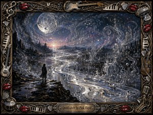 A lone traveler overlooks a winding river of liquid silver beneath a vast moonlit sky, where ghostly figures, musical notes, and swirling mist rise from the shimmering landscape. Deep blues, charcoal, violet, and pale gold create a mysterious dreamlike mood, framed by ornate instruments, piano keys, picks, strings, and glossy red lips.