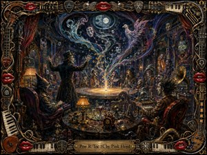 A surreal cabaret unfolds around a glowing circular stage, where eccentric masked figures conduct strange music beneath a moonlit window. Swirling spectral birds, faces, and ribbons of sound rise through deep indigo, crimson, and gold shadows. Rich oil-painted textures, warm lamps, mechanical curiosities, and an ornate musical frame create theatrical mystery.