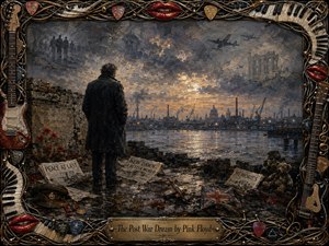 A solitary man stands beside a crumbling memorial wall, overlooking a smoky riverside city beneath ghostly aircraft and marching figures. Textured oil brushwork, slate blues, sepia, and crimson poppies create a mournful, reflective mood. Wet stones, scattered newspapers, war relics, and an ornate musical frame deepen the images haunting symbolism.