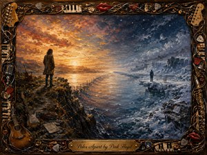 Two solitary figures stand on opposing shores, divided by a reflective sea beneath a sky shifting from fiery gold to icy blue. Warm sunset and frozen twilight heighten the melancholy mood. Rich oil textures, distant birds, abandoned instruments, an empty chair, and an ornate musical frame emphasize separation, memory, and longing.