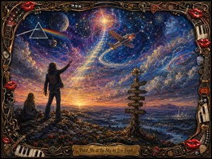 Two figures stand on a rocky hill beneath a vast psychedelic sky, one reaching toward a glowing celestial pathway and soaring aircraft. Deep blues, violets, golds, and crimson light create a hopeful, mysterious mood. Rich painterly textures, cosmic symbols, distant city lights, and an ornate musical frame complete the dramatic composition.