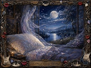 A moonlit bedroom opens onto a tranquil river valley, where billowing curtains, drifting petals, and shimmering water suggest a gentle night wind. Deep blues, silvers, lavender, and warm amber create a serene, dreamlike mood. The richly painted scene is enclosed by an ornate musical frame with guitars, piano keys, picks, red lips, and an engraved title plate.