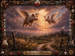 Two winged pigs glide toward each other above a peaceful countryside at sunset, symbolizing tenderness and protection. Golden light breaks through lavender and rose clouds, illuminating rolling fields, a winding road, and a warmly lit farmhouse. Rich oil-paint textures and an ornate music-themed frame create a nostalgic, surreal atmosphere.