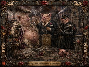 Three grotesque pigs embody wealth, political manipulation, and authoritarian force against a smoky industrial city. Tarnished gold, bruised pink, black, and rust tones deepen the ominous mood, while dramatic light reveals textured oil brushwork, cracked stone, scattered coins, wilted roses, propaganda, and an intricate musical frame.