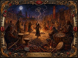 A moonlit ceremonial gathering unfolds in an ancient desert courtyard, where dancers and musicians circle a glowing fire amid drums, patterned rugs, and curling smoke. Rich ochres, crimson, gold, and midnight blue create a mysterious, rhythmic mood. An intricate musical frame of strings, keys, picks, instruments, and red lips surrounds the painterly scene.