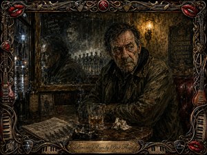 A weary older man sits alone in a shadowy, rain-soaked pub, guarding a half-finished drink with suspicious eyes. Tarnished mirrors reveal ghostly soldiers and faded memories behind him. Murky olive, brown, burgundy, and amber tones create a brooding mood, framed by ornate instruments, piano keys, guitar strings, picks, and glossy red lips.