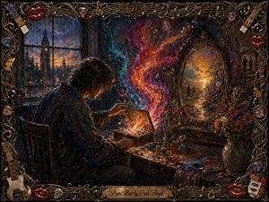 A solitary artist opens a glowing paint box in a rain-darkened studio, releasing ribbons of magenta, teal, orange, and gold into the shadowy room. Warm magical light contrasts with cool twilight beyond the window, while a luminous mirror, flowers, brushes, and ornate musical frame deepen the dreamlike, richly textured painted scene.