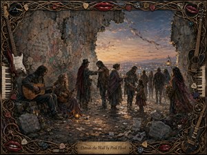 A weathered wall opens onto a glowing twilight city as musicians, wanderers, and families gather in quiet compassion. Warm lanterns illuminate earthy clothing, scattered rubble, flowers, and handwritten messages. Rich oil-paint textures, cool blue-gray shadows, amber light, and an ornate musical frame create a melancholic yet hopeful atmosphere.