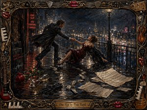 A richly textured, dramatic oil-style painting shows a man lunging to catch a woman slipping on a rain-slick balcony above a glowing night city. Deep blues, blacks, and crimson highlights create urgency and romance, while reflections, scattered roses, dominoes, sheet music, and an ornate musical frame intensify the theatrical Pink Floyd mood.