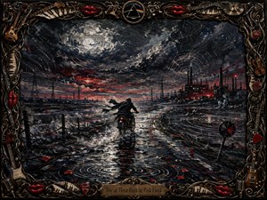 A lone motorcyclist races across a flooded industrial wasteland beneath a turbulent moonlit sky. Deep blues, charcoal grays, silver reflections, and blood-red accents create an ominous, urgent mood. Thick impasto textures, rippling water, power lines, distant factories, and the elaborate music-themed frame give the scene dramatic depth and handcrafted intensity.
