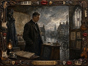 A solitary, solemn man stands in a dim wartime village room overlooking rain-darkened streets, distant rooftops, and a ghostly bomber. Muted grays, browns, and slate blues contrast with warm amber lamplight. Rich oil-paint textures, vintage maps, RAF relics, notices, and an ornate musical frame deepen the reflective, haunted mood.