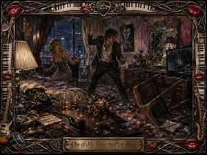 A furious man erupts in a shattered hotel room while a glamorous woman recoils beside a rumpled bed. Cool city blues contrast with amber lamplight, crimson accents, broken glass, overturned furniture, roses, and an off-hook telephone. Rich, textured oil painting and an ornate musical frame intensify the claustrophobic drama.