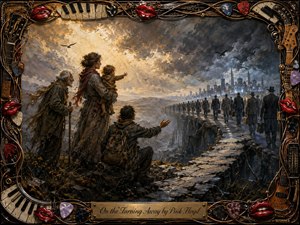 A weathered family and lone traveler watch a procession turn away across a broken stone path toward a cold, distant city. Golden light breaks through storm clouds, contrasting warm compassion with blue-gray indifference. Rich oil-paint textures, circling birds, dramatic depth, and an ornate musical frame intensify the solemn, symbolic mood.