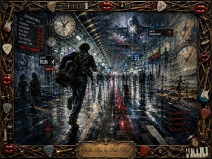 A lone traveler races through a vast futuristic airport, surrounded by ghostly crowds, repeating clocks, glowing signs, and wet reflective floors. Deep blues, steel grays, red warnings, and electric highlights create an anxious, cinematic mood. Textured painterly brushwork, distorted perspective, a looming aircraft, and an ornate musical frame intensify the urgency.