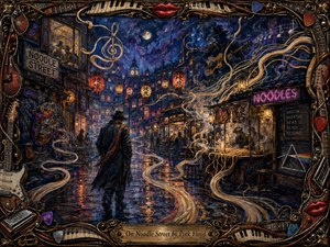 A lone, dark-coated wanderer moves through a rain-slicked noodle district glowing with amber lanterns, violet neon, and deep midnight blues. Steam and flowing noodles curl like musical ribbons through the street, while a ghostly guitarist watches above. Rich painterly textures, reflective pavement, surreal details, and an ornate instrument-and-lips frame create a mysterious, psychedelic mood.