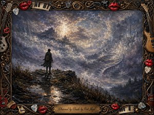A solitary traveler overlooks a vast, cloud-choked mountain valley where a winding piano-key path and ghostly instruments emerge from the mist. Cool slate blues, smoky violets, and charcoal shadows contrast with pale golden light. Rich painterly textures, reflective rocks, and the ornate musical frame create a mysterious, introspective dreamscape.