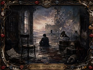 A solitary figure sits inside a crumbling, music-filled room, gazing toward a pale horizon beyond broken walls. Smoky blues, charcoal, sepia, and muted crimson deepen the melancholic mood, while soft sunset light reflects across the wet floor. Floating sheet music, a gramophone, antique radio, empty chair, and ornate instrument-woven frame enrich the surreal painted scene.