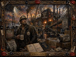 A weary factory worker stands amid a sprawling dystopian industrial complex, surrounded by smokestacks, cranes, loudspeakers, ledgers, money, and propaganda signs. Fiery orange furnaces cut through smoky charcoal skies and wet reflections. Thick impasto textures, dramatic floodlights, and an ornate musical frame create a tense, satirical, handcrafted rock-art atmosphere.