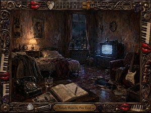 A lonely, timeworn room glows beneath warm lamplight and cold television static, its rumpled bed, rotary phone, open notebook, guitar, photographs, and scattered records suggesting quiet abandonment. Rich browns, gray-blues, and muted crimson deepen the melancholy, while expressive oil textures and an ornate musical frame create haunting, handcrafted intimacy.