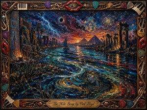A turbulent, moonlit Nile surges through ancient Egyptian ruins beneath a storm-filled psychedelic sky. Deep blues, turquoise, crimson, and gold shimmer across swirling water, pyramids, temples, reeds, and a submerged goddesslike face. Thick impasto brushwork, lightning, glowing reflections, and an ornate musical frame create an intense, mystical rock-fantasy atmosphere.