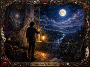 A solitary figure holds a glowing lantern beside an open balcony, gazing across a moonlit valley of winding water, rooftops, and distant hills. Deep blues and violets contrast with warm amber light, creating a reflective, mysterious mood. Rich painterly textures, drifting musical notes, and an ornate instrument-filled frame complete the scene.