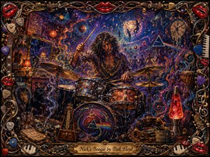 A wild-haired drummer drives a psychedelic jam inside a dreamlike bohemian studio, surrounded by swirling smoke, dancing silhouettes, cosmic symbols, and glowing instruments. Deep indigo, violet, orange, and crimson tones pulse beneath theatrical light. Thick, textured brushwork and an ornate musical frame create energetic, handcrafted visual depth.