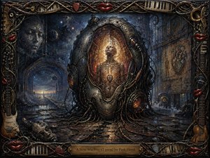 A luminous human figure awakens inside a vast biomechanical cocoon within a ruined industrial cathedral. Warm amber light radiates through cables and metal ribs, contrasting with cold blue shadows, mist, and distant stars. Intricate painterly textures, cracked machinery, anatomical symbols, and an ornate musical frame create a haunting vision of transformation.