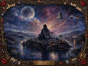A solitary cloaked figure meditates on a rocky island beneath a vast cosmic sky, surrounded by reflective water, distant mountains, floating musical notes, a suspended bell, and glowing symbols. Deep indigo, violet, silver, and amber tones create a serene, mysterious mood, framed by ornate instruments, piano keys, guitar picks, strings, and glossy red lips.