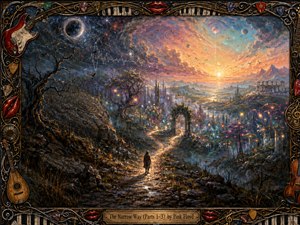 A solitary traveler follows a winding stone path through a shadowed, fantastical valley toward a radiant cosmic sunrise. Deep blues, violets, amber, and gold create a mysterious, hopeful mood, while glowing plants, ruins, distant planets, and swirling clouds add surreal depth. An ornate musical frame completes the richly textured painted scene.