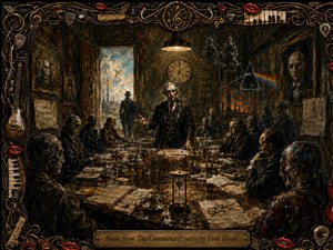 A shadowed committee gathers around a cluttered wooden table as a stern speaker addresses masked, ghostlike figures beneath a hanging lamp. Rich browns, tarnished gold, black, and muted blue create a tense, surreal mood. An ornate frame of instruments, piano keys, strings, picks, and red lips surrounds the painterly scene.