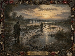 Three solitary mud-stained wanderers cross a reflective marsh beneath a fading golden sky, moving toward a distant stone bridge and ruined abbey. Earthy browns, muted greens, silver water, and warm dusk light create a melancholic, dreamlike mood. Textured painterly detail, ripples, reeds, and an ornate musical frame enrich the scene.